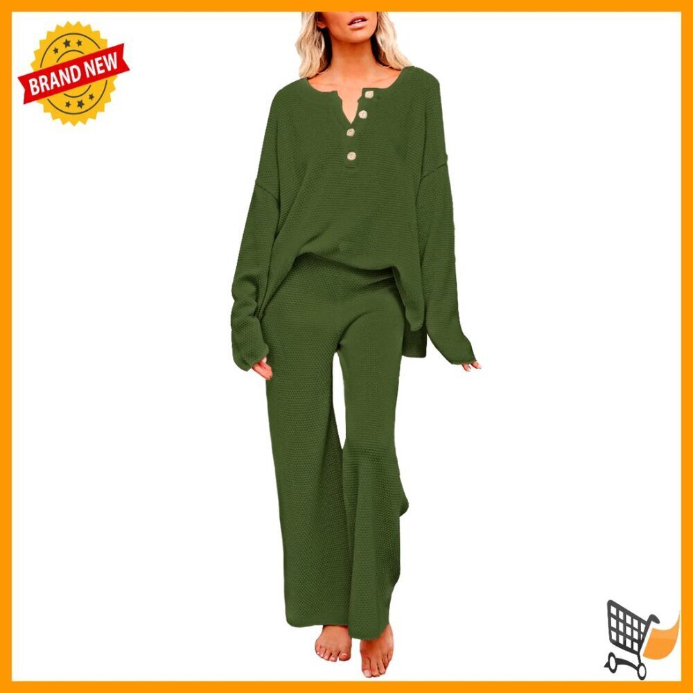 Oversized Knit Sweatsuit Set Button Pullover Wide Leg Pants Lounge Wear